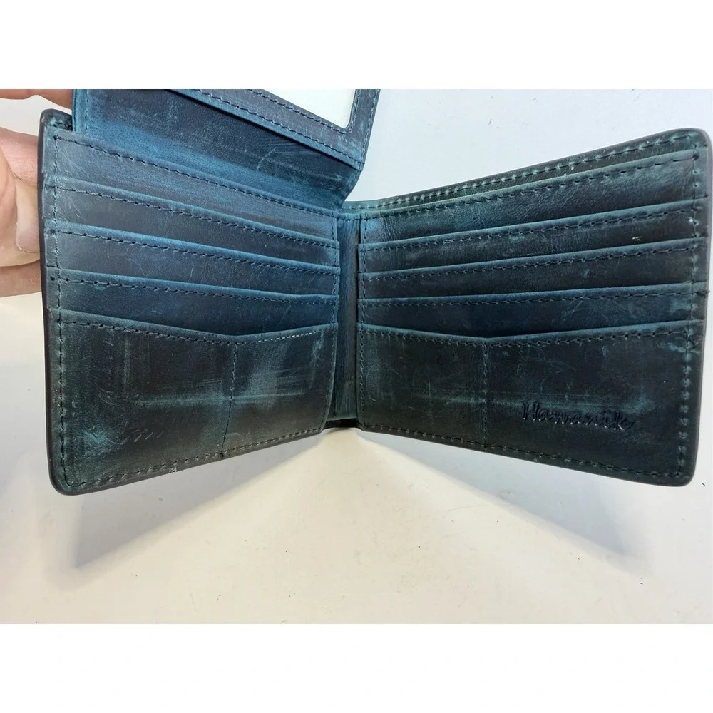 Hawanik Leather Wallet Blue‎ Bifold Men's Card Holder ID Window